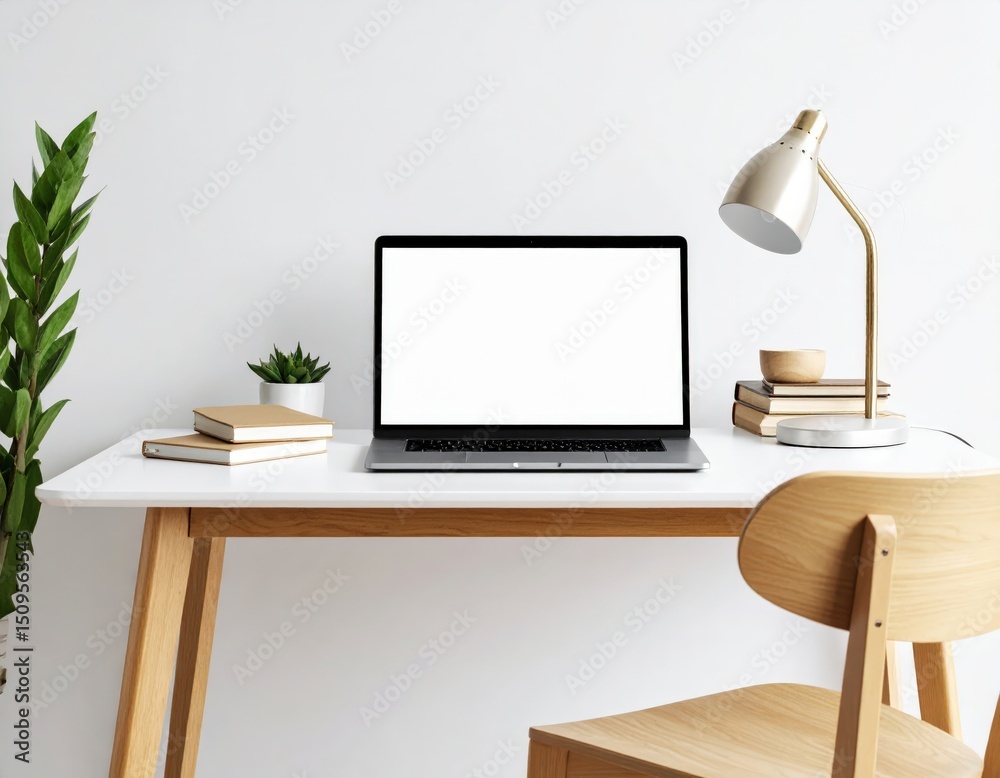 Fototapeta premium Minimalist workspace featuring laptop books lamp and plant against a white wall
