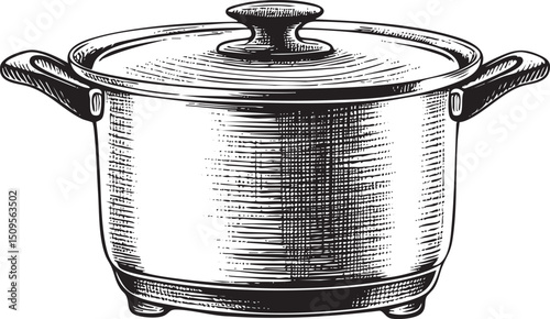 detailed drawing of a gleaming stainless steel pot.