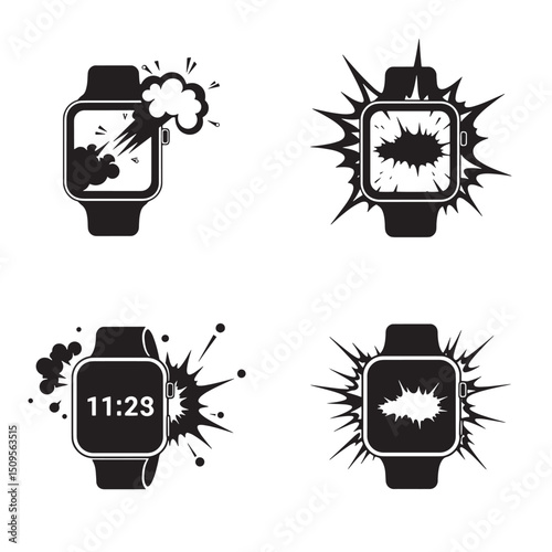 Smartwatch vector illustrations depicting explosions and damage in a bold silhouette design concept