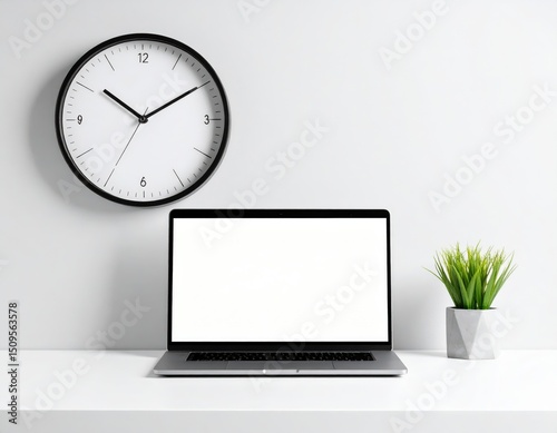 Minimalist workspace featuring laptop clock and plant against a white wall