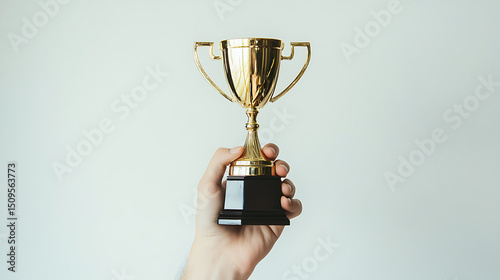 Hand Holding a Golden Trophy Against a Light Background