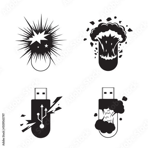 Abstract silhouette illustrations of usb flash drives depicting explosions and data corruption in various graphic styles