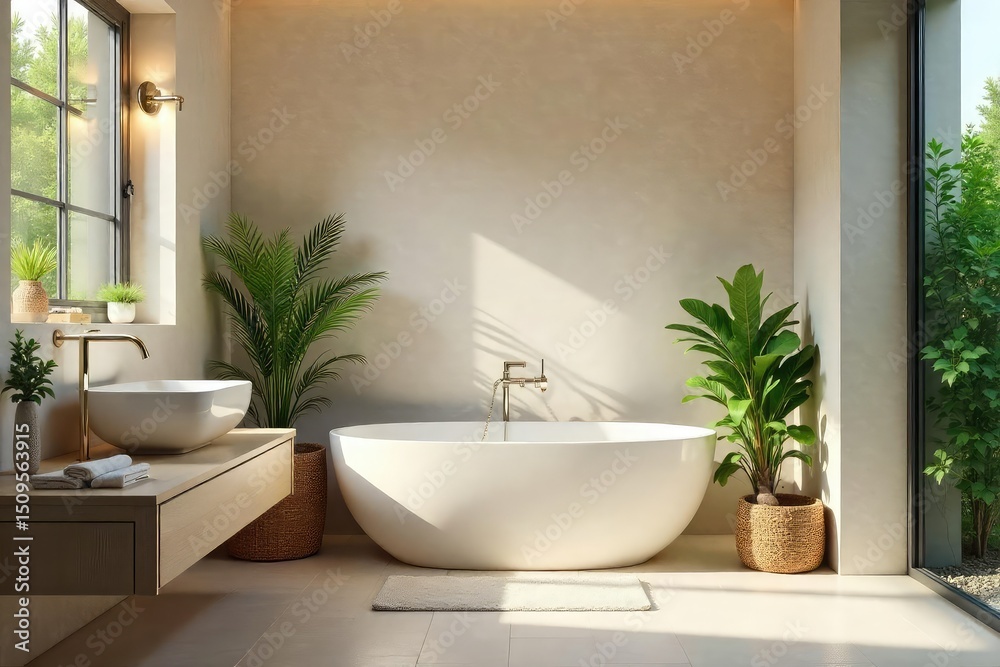 Fototapeta premium Serene bathroom with soft lighting, fluffy towels, and lush plants Creates a calming and inviting atmosphere perfect for relaxation and self-care , white, luxury