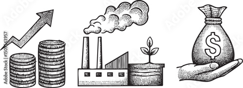 stylized depicts industrial growth financial gain and a burgeoning plant.