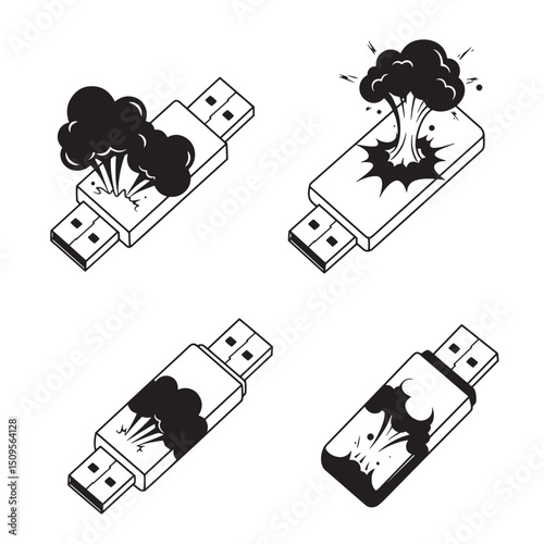 Exploding usb drive vector illustration illustrating data loss and digital destruction in a silhouette style