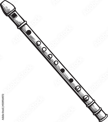 black and white flute rests vertically on a plain background.