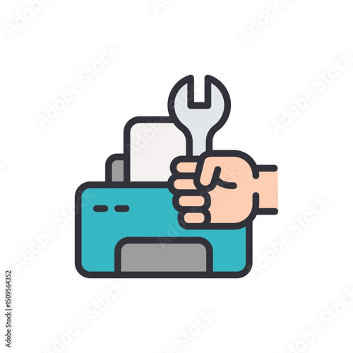 Cartoon Illustration Of Hand Holding Wrench Fixing A Printer