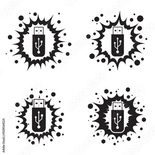 Artistic vector composition featuring a usb flash drive silhouette within a stylized explosion shape in a clean graphic design