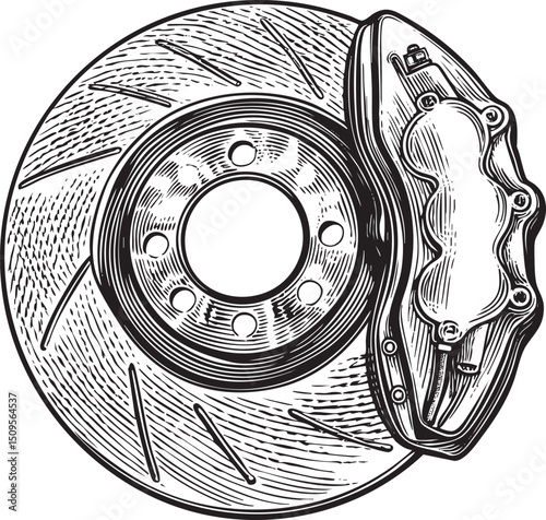 detailed black and white of a car brake rotor and caliper.