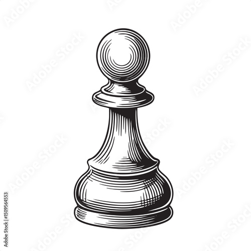 solitary black chess pawn stands upright on a clean white surface.