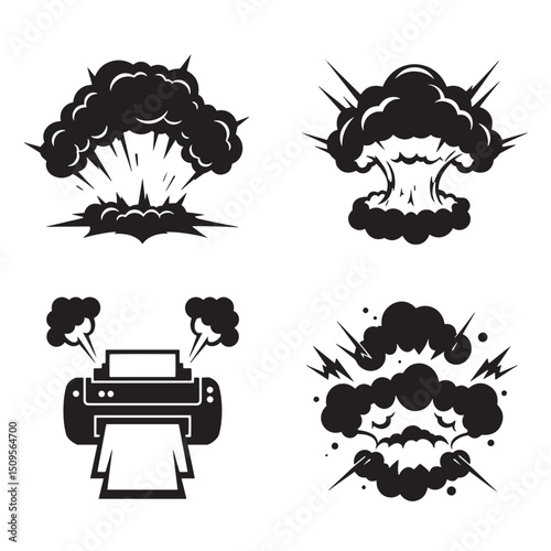 A monochrome collection featuring bomb explosions and a printer with smoke as a visual metaphor for speed and impact