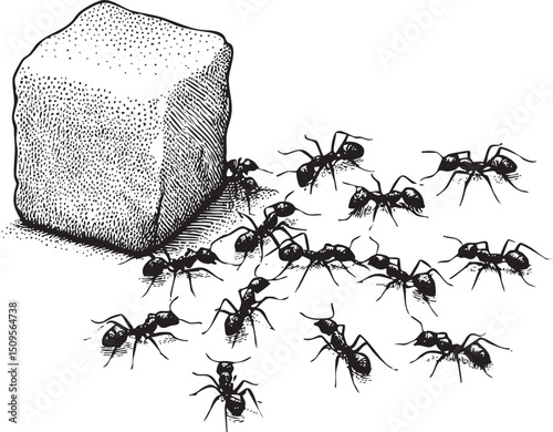 group of ants gathers around a large stone.