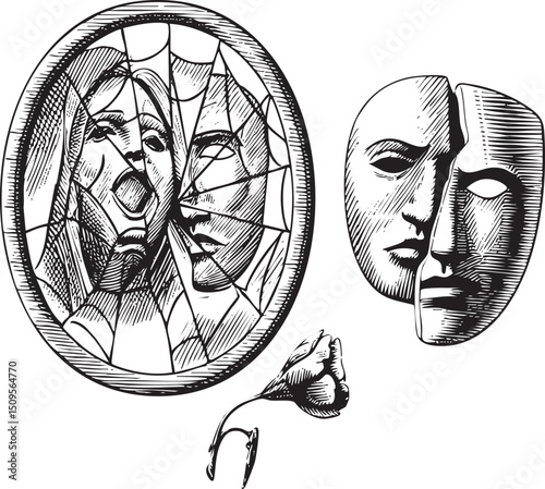 Two figures observe a fragmented reflection within an ornate circular frame accompanied by a solitary flower.