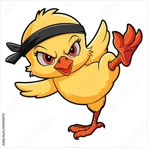 Cartoon chick performing karate kick vector illustration. Funny martial arts bird great for sports and humorous animal concepts.