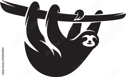 stylized sloth hangs peacefully from a branch.