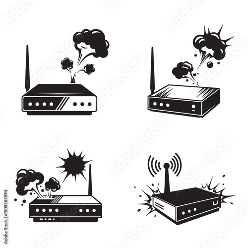 Vector illustration featuring black and white silhouette router design concepts showcasing modern network connectivity and wireless communication