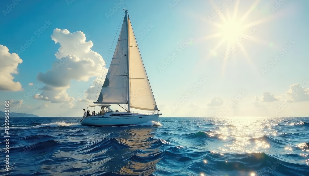 Obraz premium Triumphant sailboat at sea, sunlight gleaming on its sails, waves gently lapping the hull A scene of serene victory and achievement on the open ocean , blue, victory