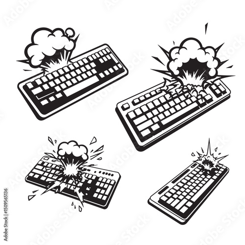Illustrative vector depicting exploding computer keyboards showing frustration anger or technological breakdown
