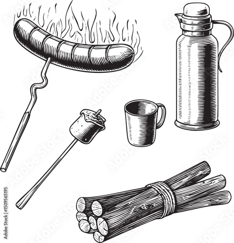 grilling scene displays a cooked sausage roasted marshmallow and steaming beverage alongside charcoal.