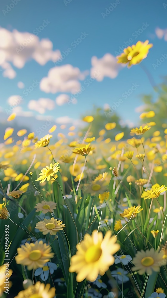Obraz premium Field of yellow daisies under a blue sky with white clouds