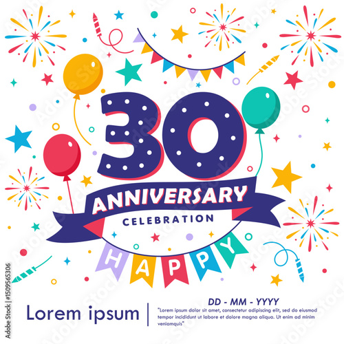 30th years anniversary celebration emblem. congratulations anniversary logo isolated with balloons, bunting flag, ribbon, fireworks and stars. vector illustration template design