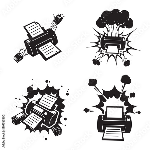 Four explosive silhouette printer designs illustrating printing problems and technological difficulties in simple black and white graphics