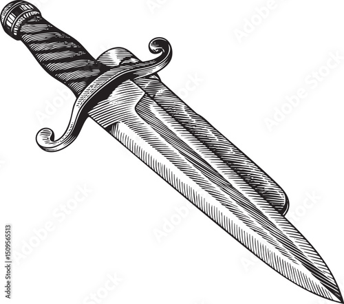 detailed black and white depicts a sharp dagger with an ornate handle.