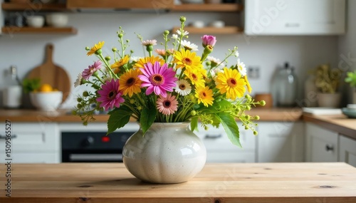 Vibrant wildflowers in a rustic ceramic vase, adding a touch of natural beauty to a farmhouse-style kitchen counter Perfect for home decor, spring themes, and floral arrangements , home decor, rural