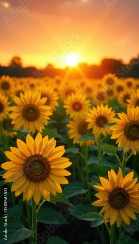 Vibrant yellow sunflowers in a field at sunset, bathed in golden light A breathtaking display of nature's vibrant hues , landscape, energy