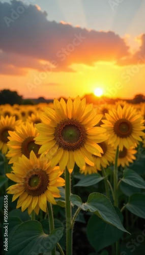 Vibrant yellow sunflowers in a field at sunset, bathed in golden light A breathtaking display of nature's vibrant hues , golden hour, idyllic, beauty