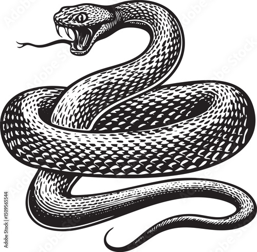 stylized black and white serpent coils aggressively poised to strike.