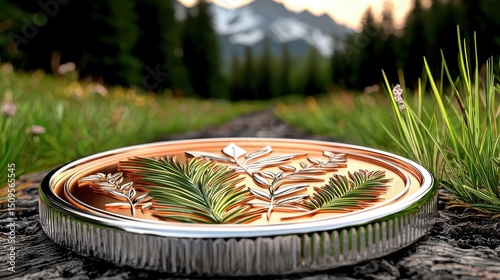 Metallic Coin with Plant Design on Grassy Ground, Mountain Sunset Background