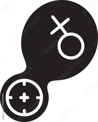stylized black and white depicts a female symbol intersected by a cross.