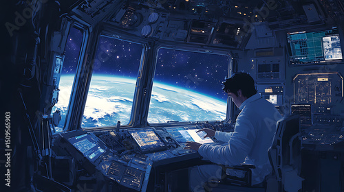 Astronaut working at a control panel inside a spacecraft with a view of Earth through the windows