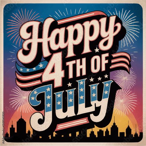 Happy 4th of July, Patriotic Lettering, Square Sign Illustration with a Cityscape and Fireworks