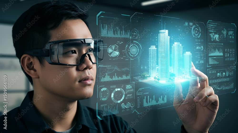 Person wearing VR glasses, interacting with holographic architectural design and data visualizations