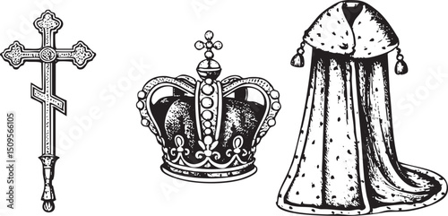 black and white features a cross crown and religious mantle.