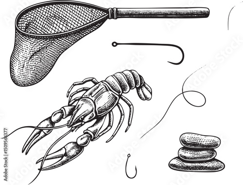 detailed showcases a fishing net a crayfish on a hook and smooth river stones.