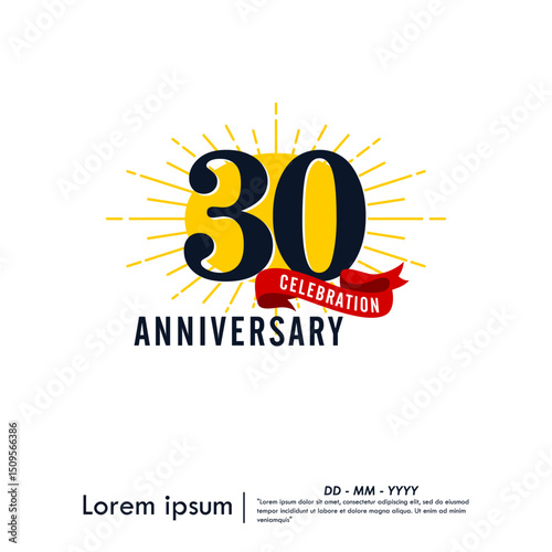 30th years anniversary celebration emblem. congratulations anniversary logo isolated with red ribbon and starburst on white background. vector illustration template design for web