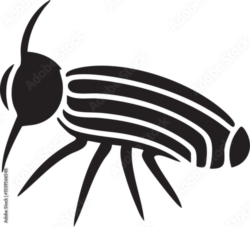 stylized black silhouette of a beetle crawls across a white surface.