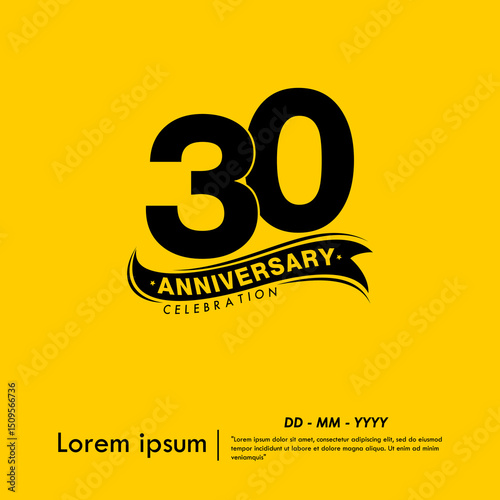 30th years anniversary celebration emblem. black logo isolated with ribbon on yellow background. vector illustration template design for web, flyers, poster, greeting card and invitation card
