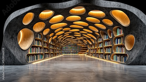 Modern Library Interior Abstract Gray Walls, Yellow Lighting, and Bookshelves