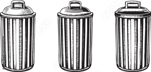 Three distinct waste receptacles stand upright in a linear arrangement.