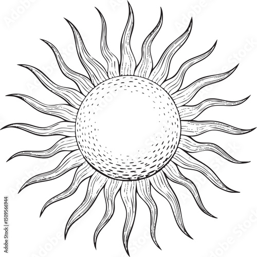 detailed black and white of a radiant sun with radiating rays.