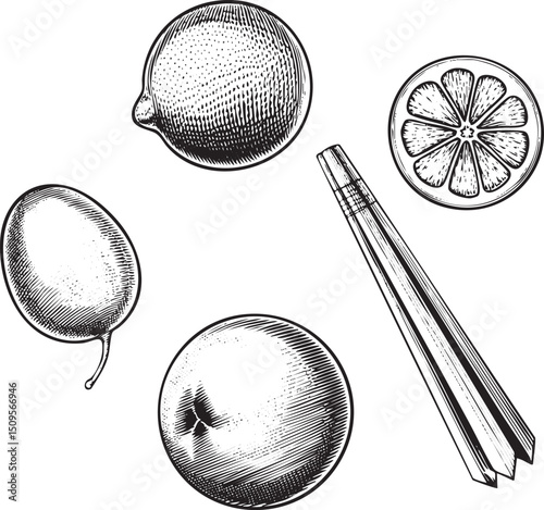 collection of citrus fruits and cinnamon sticks is presented in a detailed black-and-white engraving.