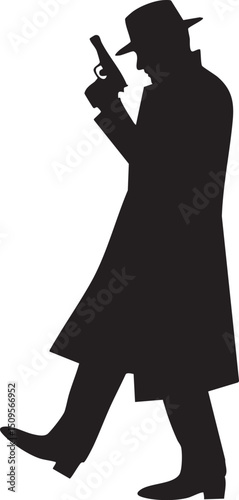 silhouetted figure holds a pistol and walks purposefully.