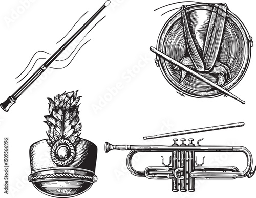 vintage showcases a musical conductor's baton drum and brass instrument.