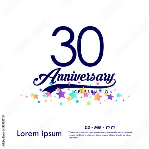 30th years anniversary celebration emblem. congratulations anniversary logo isolated with ribbon and colorful stars on white background. vector illustration template design