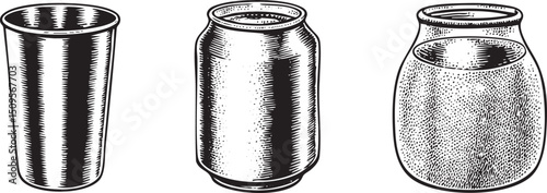 Three distinct metal containers are presented in a linear arrangement.