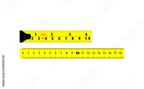 Practical measuring tools. A yellow retractable tape measure showing inches and centimeters, alongside a rigid yellow ruler marked in centimeters. Useful for design elements.